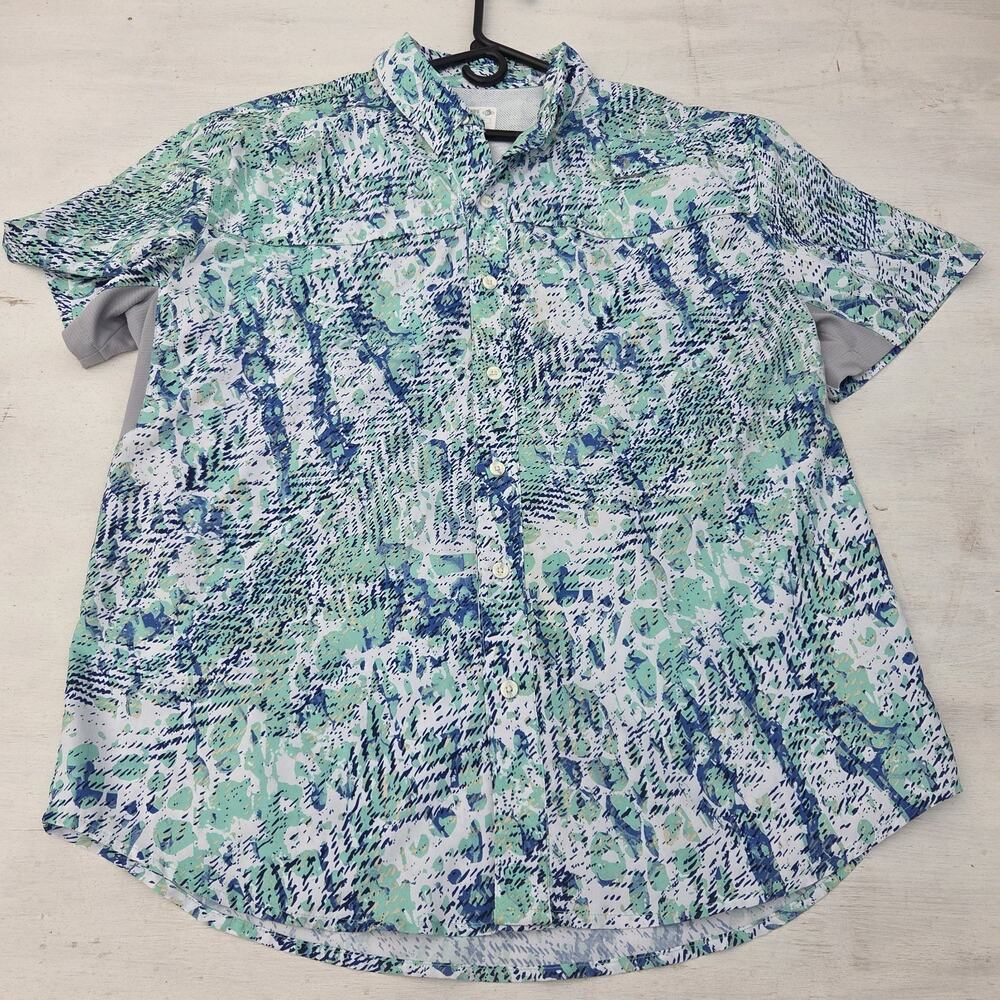 Reel Legends Mariner Shirt Green Blue Splash Print Short Sleeve Mens L Fishing